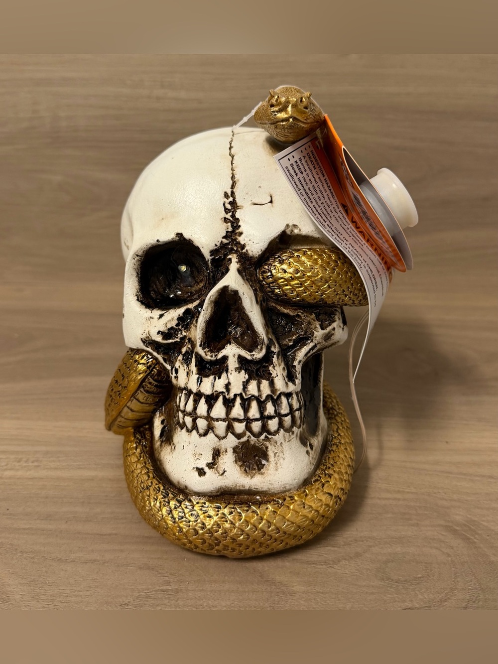 Happy Halloween Light Up 6” Skull With Gold Snake Tabletop Decor Gothic